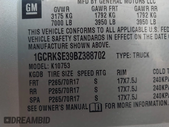 2011 Chevrolet Silverado 1500 LT with VIN 1GCRKSE39BZ388702, listed as a IAAI auction lot 41921374 with 124,322 mi miles and . Bid and sale history available at DreamBid. Image 9.