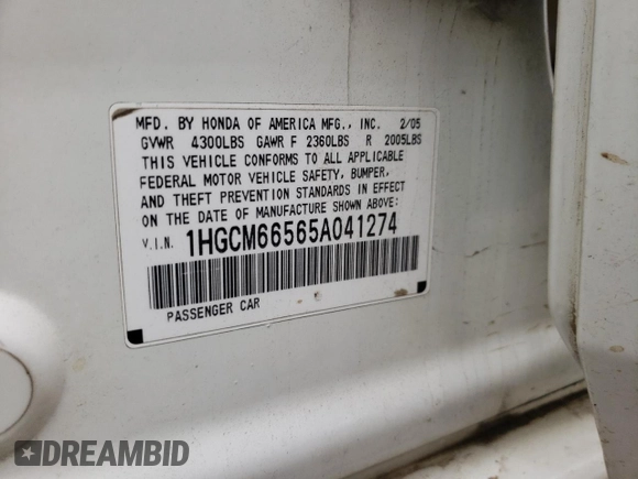 2005 Honda Accord EX-L z VIN 1HGCM66565A041274, wystawiony jako Copart lot #55854125 z przebiegiem Nie podano mil oraz Szkoda całkowita • Salvage title. Historia ofert i sprzedaży dostępna na DreamBid. Obrazek 13.