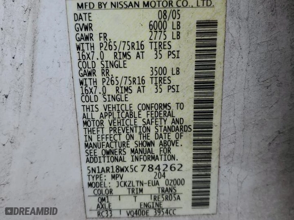 2005 Nissan Pathfinder LE with VIN 5N1AR18WX5C784262, listed as a Copart auction lot 50751655 with 171,796 mi miles and Salvage Title. Bid and sale history available at carsss.com. Image 13.