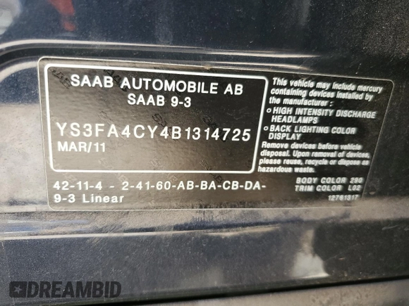 2011 Saab 9-3 z VIN YS3FA4CY4B1314725, wystawiony jako Copart lot #75767224 z przebiegiem 105 763 mil mil oraz Czysty tytuł • Clean title. Historia ofert i sprzedaży dostępna na DreamBid. Obrazek 12.