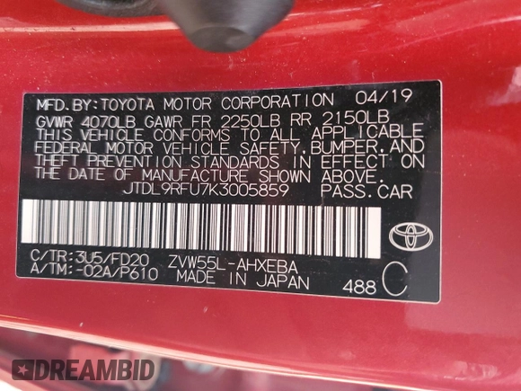 2019 Toyota Prius LE with VIN JTDL9RFU7K3005859, listed as a Copart auction lot 61030765 with 74,022 mi miles and Salvage title. Bid and sale history available at DreamBid. Image 12.