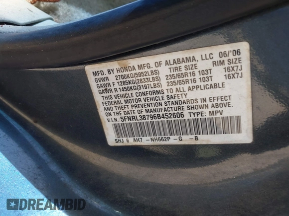 2006 Honda Odyssey EX-L with VIN 5FNRL38796B452606, listed as a IAAI auction lot 42173853 with 190,084 mi miles and . Bid and sale history available at DreamBid. Image 9.
