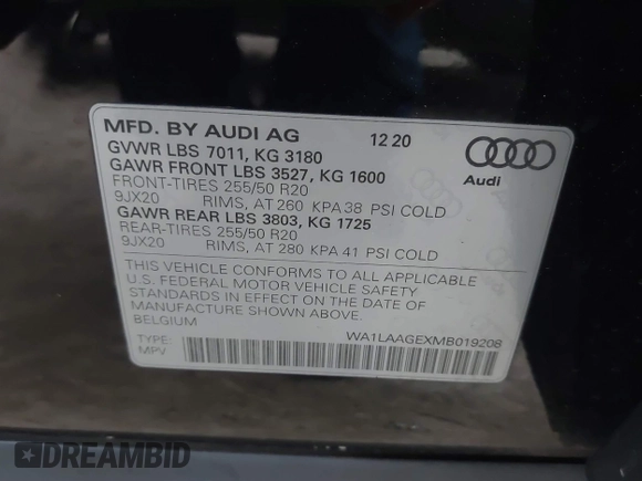 2021 Audi e-tron Premium Plus with VIN WA1LAAGEXMB019208, listed as a IAAI auction lot 41725933 with 51,565 mi miles and . Bid and sale history available at DreamBid. Image 9.