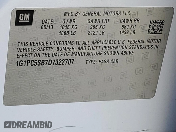 2013 Chevrolet Cruze 1LT with VIN 1G1PC5SB7D7322707, listed as a Copart auction lot 45407665 with 133,439 mi miles and Salvage Title. Bid and sale history available at DreamBid. Image 12.