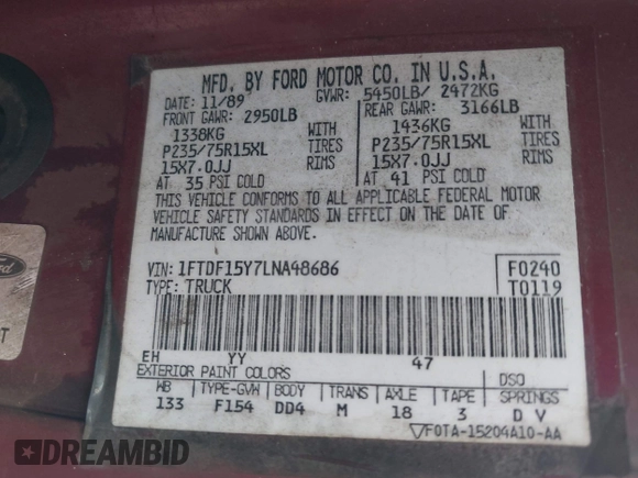 1990 Ford F-150 S с VIN 1FTDF15Y7LNA48686, выставлен на аукционе IAAI как лот 42365955 с пробегом 20 540 миль миль и . История ставок и продаж доступна на DreamBid. Изображение 9.