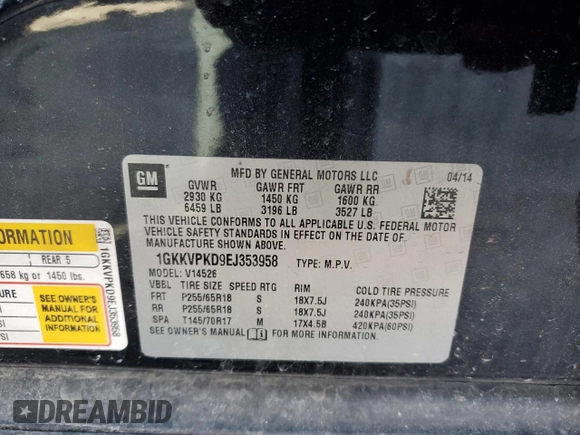 2014 GMC Acadia SLE with VIN 1GKKVPKD9EJ353958, listed as a Copart auction lot 47628785 with 180,220 mi miles and Salvage Title. Bid and sale history available at carsss.com. Image 14.