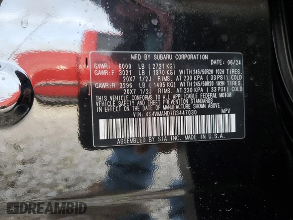 2024 Subaru Ascent Limited with VIN 4S4WMAND7R3447030, listed as a Copart auction lot 88468035 with 7,085 mi miles and Salvage title. Bid and sale history available at DreamBid. Image 14.