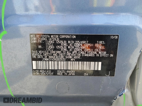 2009 Toyota RAV4 Limited with VIN JTMBK31V39D003530, listed as a Copart auction lot 62326075 with 139,121 mi miles and Salvage title. Bid and sale history available at DreamBid. Image 14.