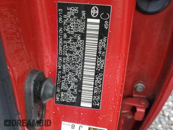 2013 Toyota Prius One with VIN JTDKN3DU7D5692033, listed as a Copart auction lot 47649055 with 118,991 mi miles and Salvage Title. Bid and sale history available at DreamBid. Image 12.