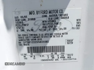 2005 Ford F-150 XL with VIN 1FTRF12225NB35582, listed as a IAAI auction lot 42640594 with 188,385 mi miles and . Bid and sale history available at DreamBid. Image 9.