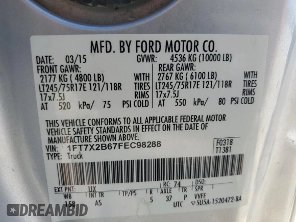 2015 Ford F-250 XLT z VIN 1FT7X2B67FEC98288, wystawiony jako Copart lot #56031615 z przebiegiem 99 928 mil mil oraz Czysty tytuł • Clean title. Historia ofert i sprzedaży dostępna na DreamBid. Obrazek 12.