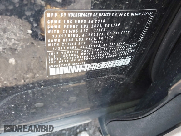 2020 Volkswagen Tiguan SE with VIN 3VV2B7AX5LM091857, listed as a IAAI auction lot 41922727 with 83,464 mi miles and . Bid and sale history available at DreamBid. Image 9.
