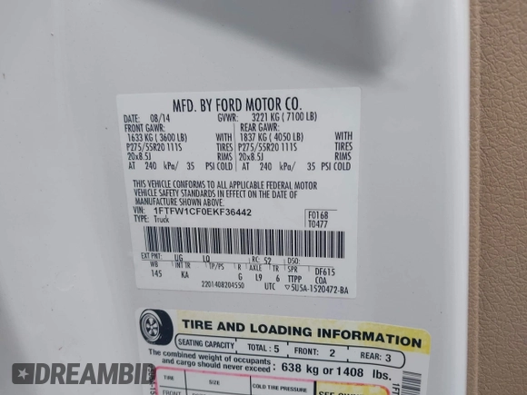 2014 Ford F-150 XL with VIN 1FTFW1CF0EKF36442, listed as a IAAI auction lot 42344720 with 184,375 mi miles and . Bid and sale history available at DreamBid. Image 9.