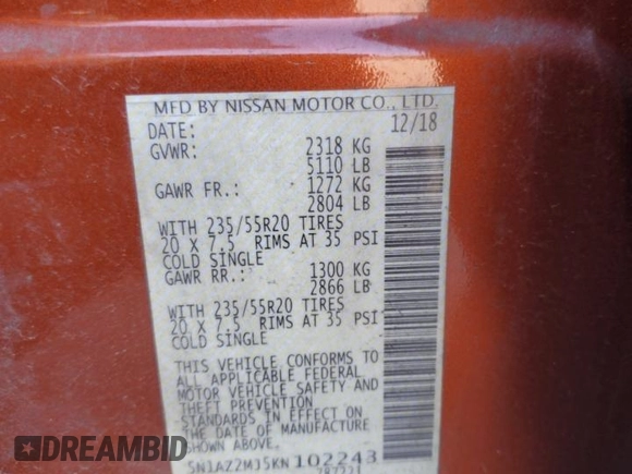 2019 Nissan Murano SL z VIN 5N1AZ2MJ5KN102243, wystawiony jako Copart lot #50614165 z przebiegiem 93 493 mil mil oraz Szkoda całkowita • Salvage title. Historia ofert i sprzedaży dostępna na DreamBid. Obrazek 15.