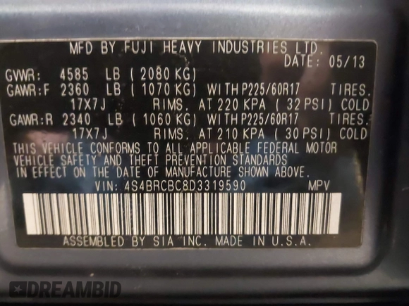2013 Subaru Outback Premium with VIN 4S4BRCBC8D3319590, listed as a IAAI auction lot 41650396 with 178,882 mi miles and . Bid and sale history available at DreamBid. Image 9.