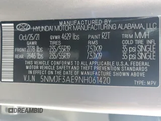 2022 Hyundai Tucson SEL z VIN 5NMJF3AE9NH061420, wystawiony jako Copart lot #54492445 z przebiegiem 39 868 mil mil oraz Szkoda całkowita • Salvage title. Historia ofert i sprzedaży dostępna na DreamBid. Obrazek 13.