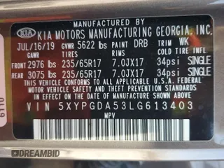 2020 Kia Sorento LX V6 with VIN 5XYPGDA53LG613403, listed as a Copart auction lot 48619245 with 0 mi miles and Salvage Title. Bid and sale history available at carsss.com. Image 16.