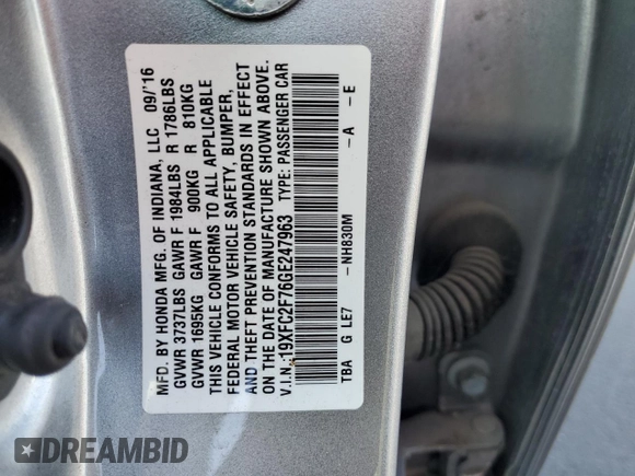 2016 Honda Civic EX with VIN 19XFC2F76GE247963, listed as a Copart auction lot 55530135 with 87,285 mi miles and Salvage Title. Bid and sale history available at DreamBid. Image 12.
