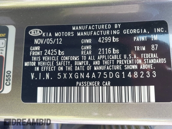 2013 Kia Optima EX with VIN 5XXGN4A75DG148233, listed as a IAAI auction lot 41878061 with 124,066 mi miles. Bid and sale history available at carsss.com. Image 9.
