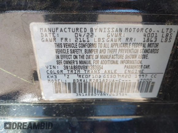 2022 Nissan Sentra SR with VIN 3N1AB8DV8NY263954, listed as a IAAI auction lot 41865457 with 30,487 mi miles. Bid and sale history available at carsss.com. Image 9.
