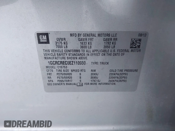 2014 Chevrolet Silverado 1500 LT with VIN 1GCRCREC0EZ110930, listed as a IAAI auction lot 42283317 with 179,628 mi miles and . Bid and sale history available at DreamBid. Image 9.