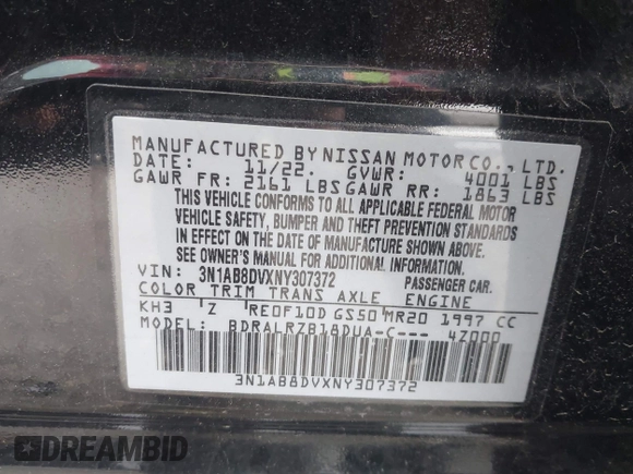 2022 Nissan Sentra SR z VIN 3N1AB8DVXNY307372, wystawiony jako IAAI lot #41958405 z przebiegiem 30 373 mil mil oraz . Historia ofert i sprzedaży dostępna na DreamBid. Obrazek 9.