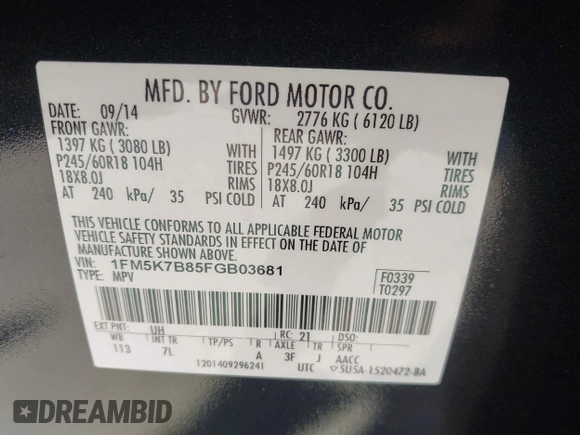 2015 Ford Explorer with VIN 1FM5K7B85FGB03681, listed as a IAAI auction lot 41840380 with 192,387 mi miles and . Bid and sale history available at carsss.com. Image 9.