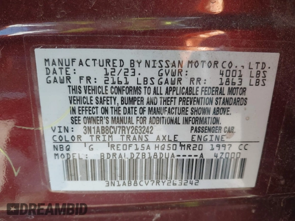 2024 Nissan Sentra SV with VIN 3N1AB8CV7RY263242, listed as a IAAI auction lot 41959700 with 9,296 mi miles and . Bid and sale history available at DreamBid. Image 9.