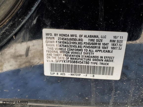 2011 Honda Ridgeline RTL with VIN 5FPYK1F55BB454780, listed as a Copart auction lot 37706554 with 0 mi miles and Salvage Title. Bid and sale history available at carsss.com. Image 12.