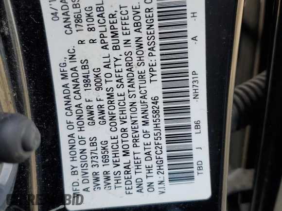 2018 Honda Civic LX with VIN 2HGFC2F55JH558246, listed as a Copart auction lot 53281225 with 43,701 mi miles and Salvage Title. Bid and sale history available at DreamBid. Image 12.