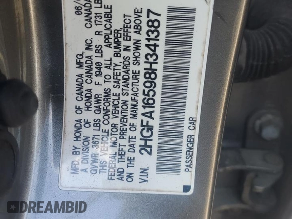 2008 Honda Civic LX z VIN 2HGFA16598H341387, wystawiony jako Copart lot #56383025 z przebiegiem 193 907 mil mil oraz Szkoda całkowita • Salvage title. Historia ofert i sprzedaży dostępna na DreamBid. Obrazek 12.