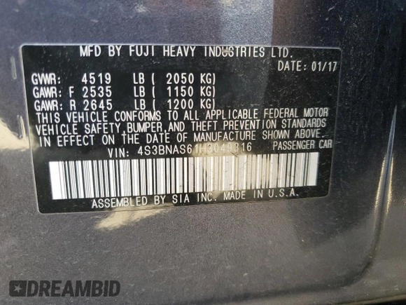 2017 Subaru Legacy Sport with VIN 4S3BNAS61H3049316, listed as a Copart auction lot 52197185 with 101,016 mi miles and Salvage Title. Bid and sale history available at carsss.com. Image 12.