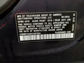 2012 Volkswagen Passat SE с VIN 1VWBP7A33CC087804, выставлен на аукционе Copart как лот 51171745 с пробегом 170 512 миль миль и Чистый • Clean title. История ставок и продаж доступна на DreamBid. Изображение 12.