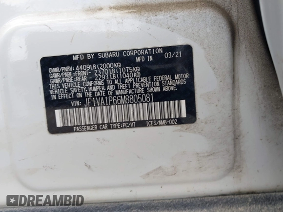 2021 Subaru WRX Limited with VIN JF1VA1P66M8805081, listed as a IAAI auction lot 41925120 with 47,227 mi miles and . Bid and sale history available at DreamBid. Image 9.