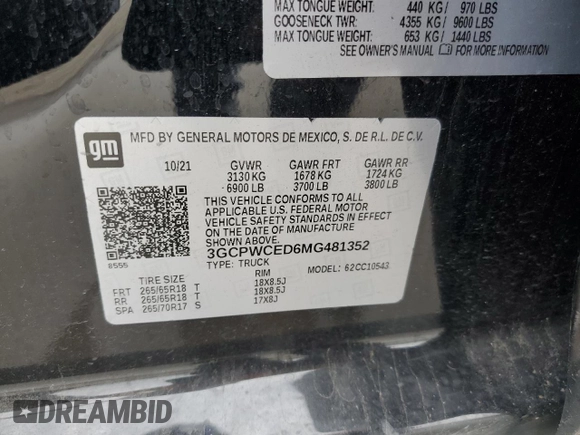 2021 Chevrolet Silverado 1500 LT with VIN 3GCPWCED6MG481352, listed as a Copart auction lot 47451595 with 57,361 mi miles and Salvage Title. Bid and sale history available at DreamBid. Image 12.