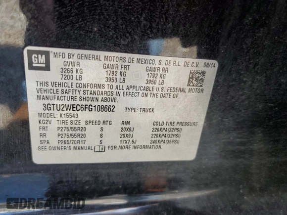 2015 GMC Sierra 1500 Denali z VIN 3GTU2WEC6FG108662, wystawiony jako Copart lot #57872445 z przebiegiem 237 235 mil mil oraz Szkoda całkowita • Salvage title. Historia ofert i sprzedaży dostępna na DreamBid. Obrazek 12.