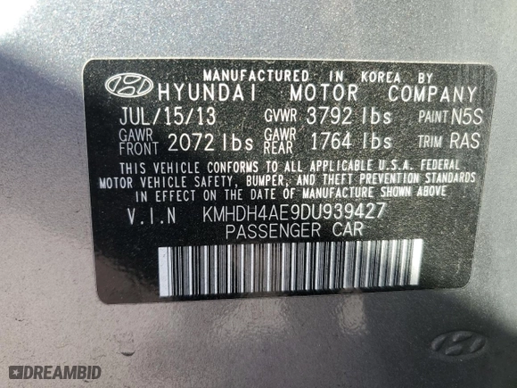2013 Hyundai Elantra GLS PZEV with VIN KMHDH4AE9DU939427, listed as a Copart auction lot 69916994 with 92,235 mi miles and Salvage Title. Bid and sale history available at carsss.com. Image 14.