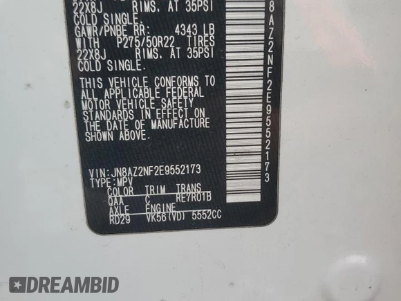2014 Infiniti QX80 with VIN JN8AZ2NF2E9552173, listed as a Copart auction lot 54492725 with 162,125 mi miles and Salvage title. Bid and sale history available at DreamBid. Image 13.