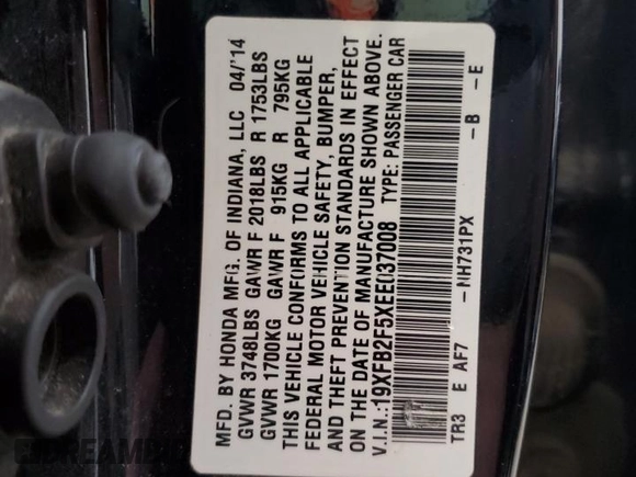 2014 Honda Civic LX z VIN 19XFB2F5XEE037008, wystawiony jako Copart lot #51533375 z przebiegiem Nie podano mil oraz Szkoda całkowita • Salvage title. Historia ofert i sprzedaży dostępna na DreamBid. Obrazek 15.