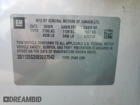2014 Chevrolet Impala LT with VIN 2G1125S35E9207542, listed as a Copart auction lot 53874915 with 162,794 mi miles and Salvage Title. Bid and sale history available at DreamBid. Image 12.