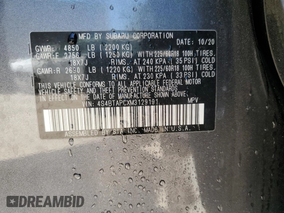 2021 Subaru Outback Touring with VIN 4S4BTAPCXM3129191, listed as a Copart auction lot 52523065 with 64,353 mi miles and Non repairable. Bid and sale history available at DreamBid. Image 13.