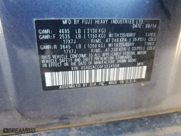 2015 Subaru Outback 2.5i Premium with VIN 4S4BSACC0F3234558, listed as a Copart auction lot 46990195 with 125,083 mi miles and Salvage Title. Bid and sale history available at carsss.com. Image 15.