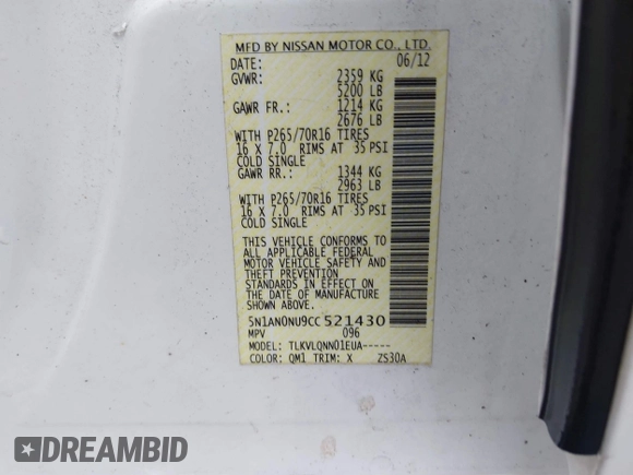 2012 Nissan Xterra X with VIN 5N1AN0NU9CC521430, listed as a IAAI auction lot 41076321 with 140,351 mi miles and . Bid and sale history available at DreamBid. Image 9.