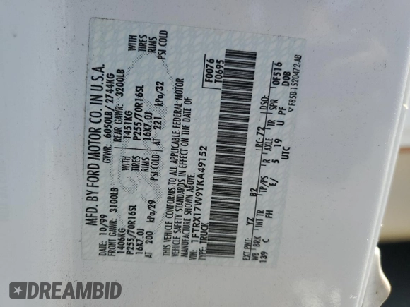 2000 Ford F-150 XL with VIN 1FTRX17W9YKA49152, listed as a Copart auction lot 60577505 with Not provided miles and Salvage title. Bid and sale history available at DreamBid. Image 13.