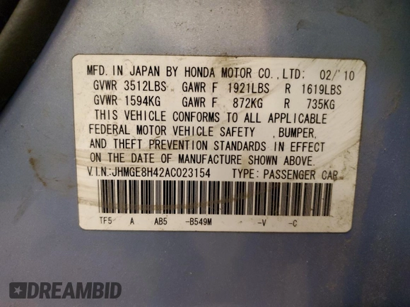 2010 Honda Fit Sport with VIN JHMGE8H42AC023154, listed as a Copart auction lot 42262615 with 104,928 mi miles and Salvage Title. Bid and sale history available at carsss.com. Image 12.