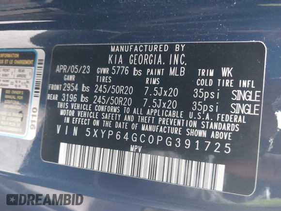 2023 Kia Telluride S with VIN 5XYP64GC0PG391725, listed as a IAAI auction lot 42380243 with 28,269 mi miles and . Bid and sale history available at DreamBid. Image 9.