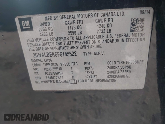 2015 Chevrolet Equinox LT with VIN 2GNALBEK6F6145522, listed as a IAAI auction lot 42234591 with 409,034 mi miles and . Bid and sale history available at DreamBid. Image 9.
