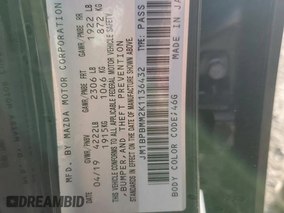 2019 Mazda Mazda3 Hatchback w/Preferred Pkg with VIN JM1BPBMM2K1136432, listed as a Copart auction lot 84219734 with 24,767 mi miles and Salvage Title. Bid and sale history available at carsss.com. Image 14.