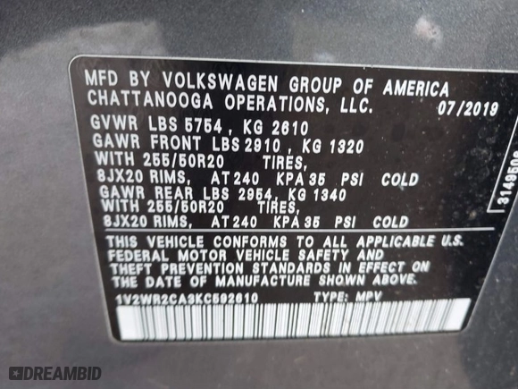 2019 Volkswagen Atlas 3.6L V6 SE w/Technology with VIN 1V2WR2CA3KC592610, listed as a IAAI auction lot 41379488 with 72,888 mi miles. Bid and sale history available at carsss.com. Image 9.