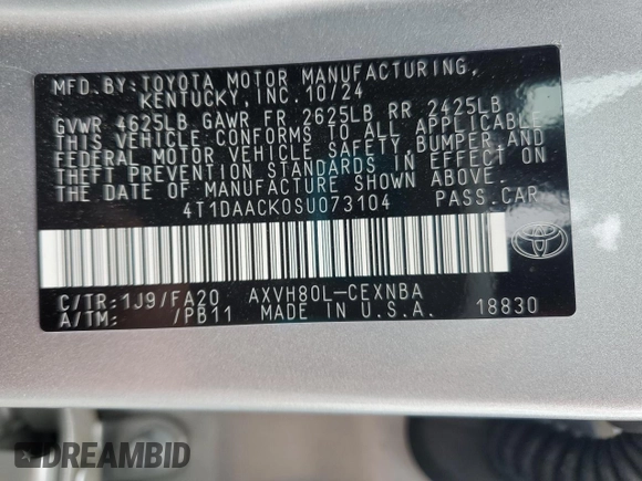 2025 Toyota Camry LE z VIN 4T1DAACK0SU073104, wystawiony jako Copart lot #51095855 z przebiegiem 10 976 mil mil oraz Szkoda całkowita • Salvage title. Historia ofert i sprzedaży dostępna na DreamBid. Obrazek 13.